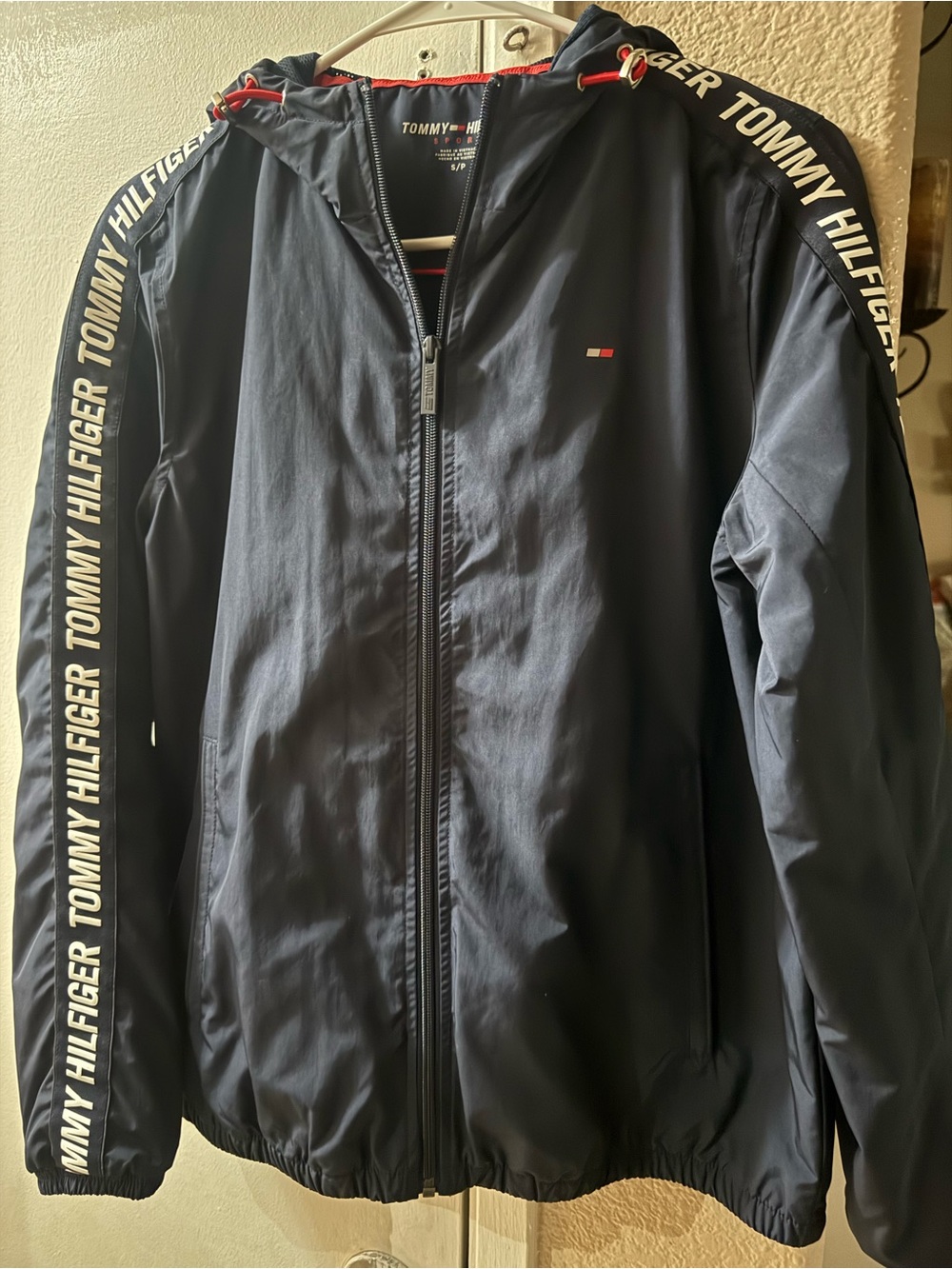 Tommy Hilfiger Navy Hooded Windbreaker with Logo Tape size S